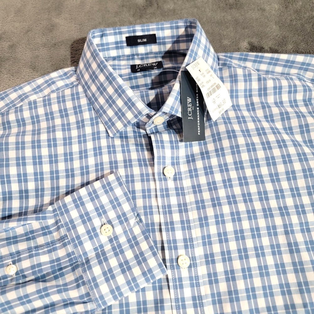J Crew Shirt Men Small Blue Plaid Slim Fit Performance Cotton Blend Casual NWT